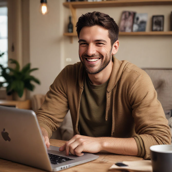 A man smiles at his laptop in his cozy home, celebrating a gaming victory.