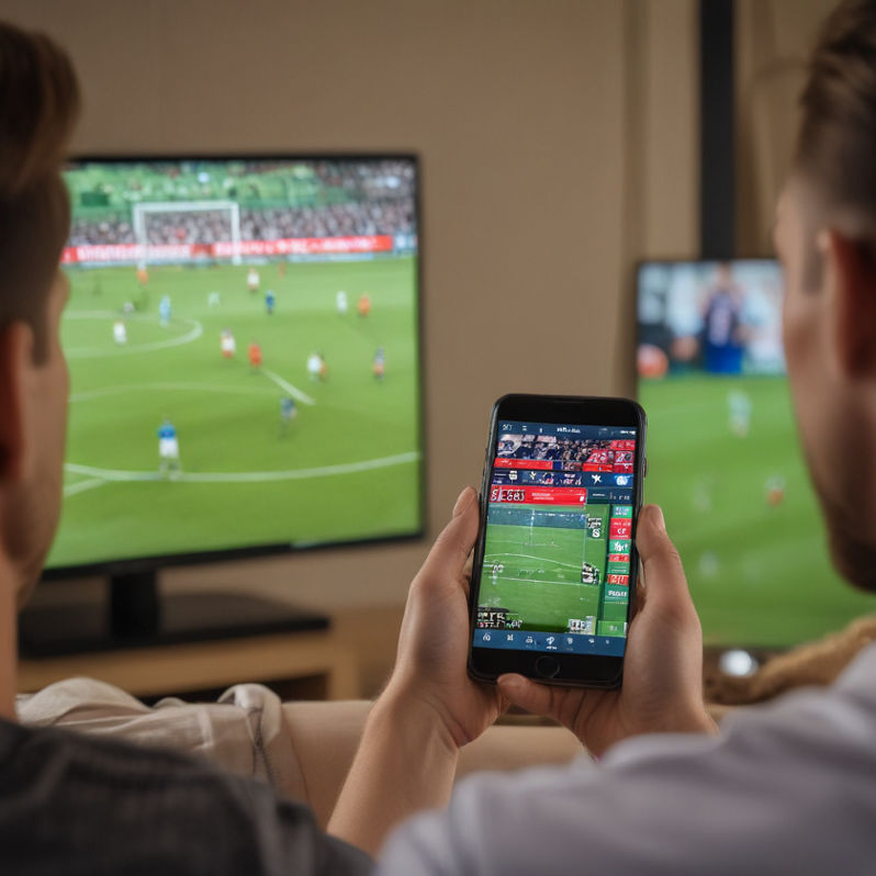 A man watching a soccer game on TV, using a gambling app on his phone for live betting.