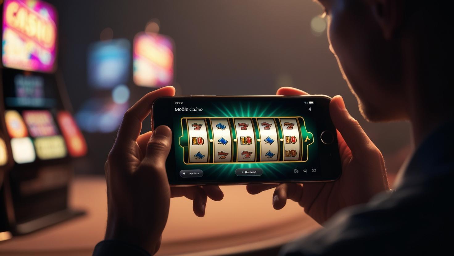 Person playing mobile slots on smartphone in dim lighting with glowing screen.