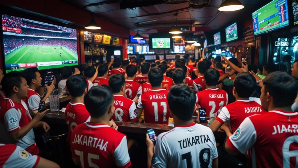 Fans watching soccer match in Jakarta sports bar while using gambling apps.