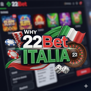 A dynamic digital illustration showing the text "22Bet Italia" in a modern font, with a stack of poker chips, dice, and a roulette wheel around it.