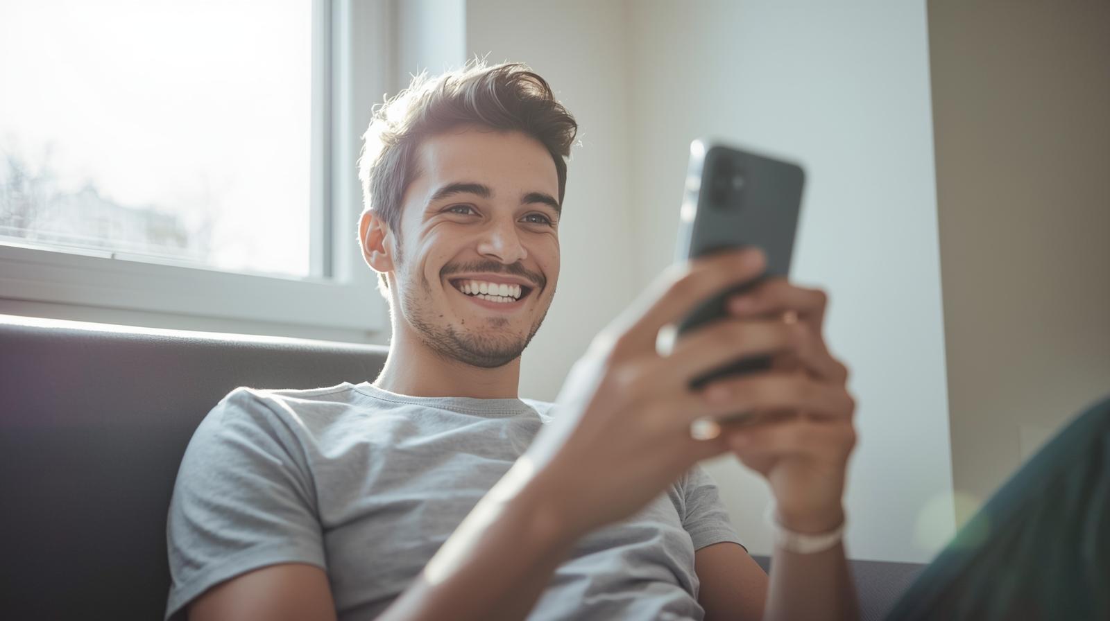 Smiling ycoung UK adult playing on an online casino on his smartphone indoors with sunlight through bright window.