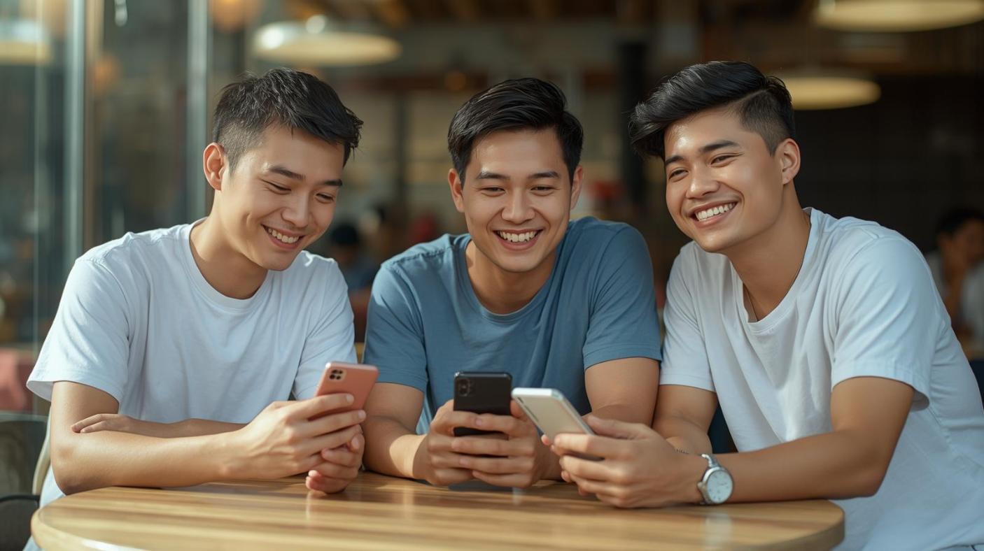 Three friends smiling at café table using smartphones in bright casual daylight setting.