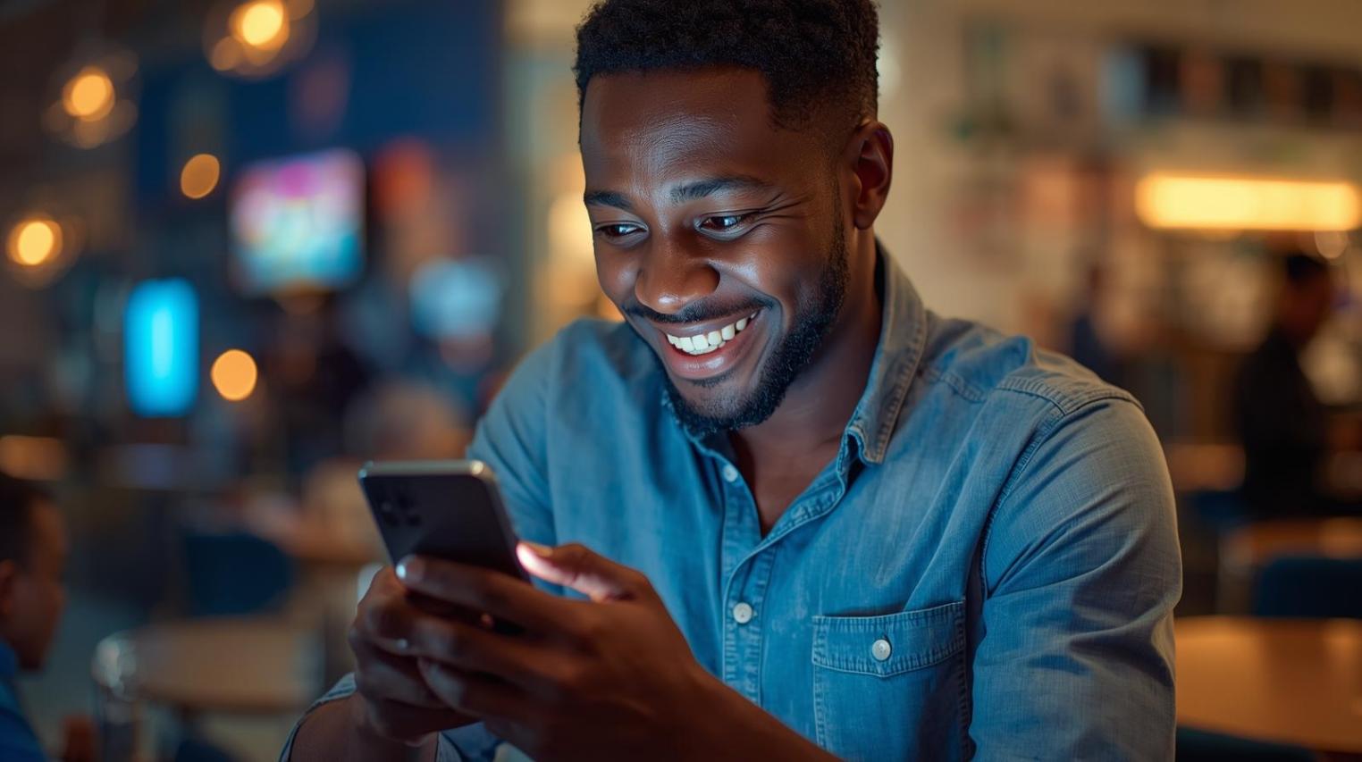 Happy person playing mobile casino app in bright relaxed environment with smartphone