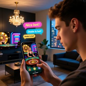 A person using a smartphone to play a live casino game, with a live dealer on screen, interactive chat bubbles