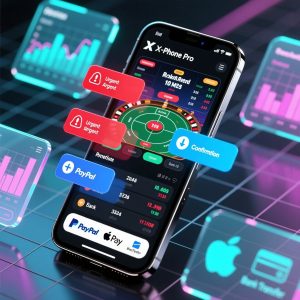 A sleek smartphone displaying a gambling app interface with live betting screens, notifications popping up