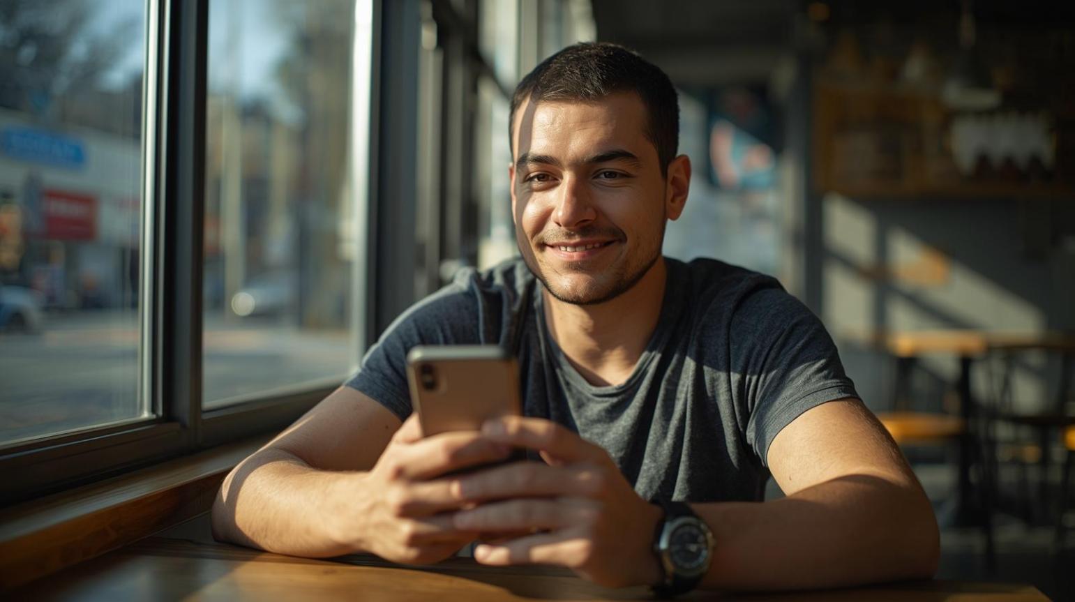 Young professional enjoys modern gaming rewards while relaxing inside bright urban café.
