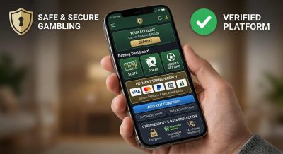 A smartphone displaying a secure gambling app interface with privacy shield, verified checkmark, payment transparency icons, account controls, and cybersecurity elements.
